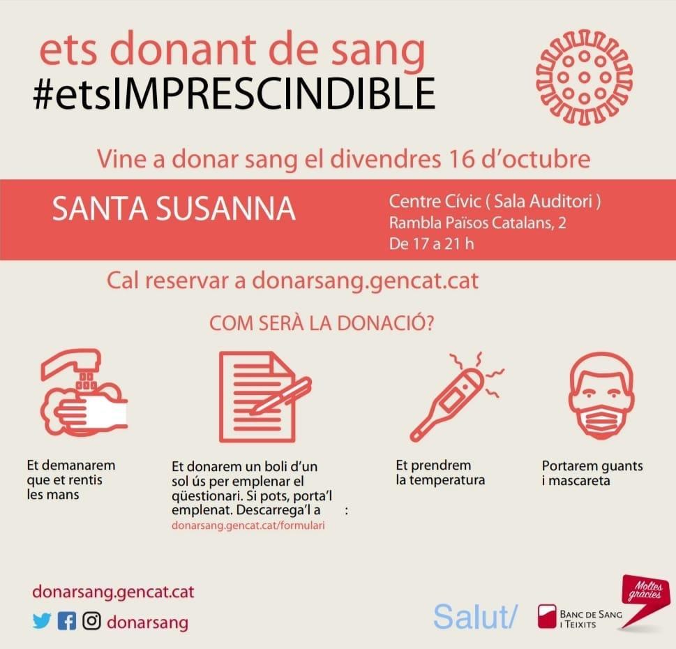 Vine a donar sang al Centre Cívic de Santa Susanna.