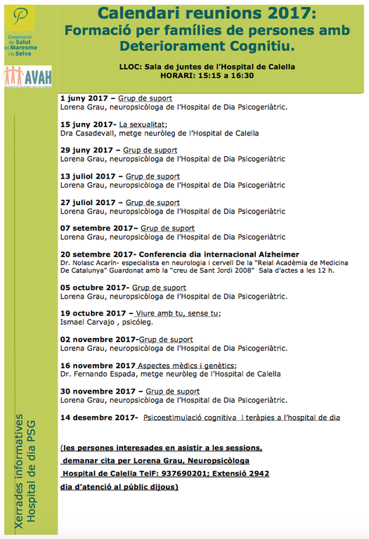 Formació per a famílies de persones amb Deteriorament Cognitiu.