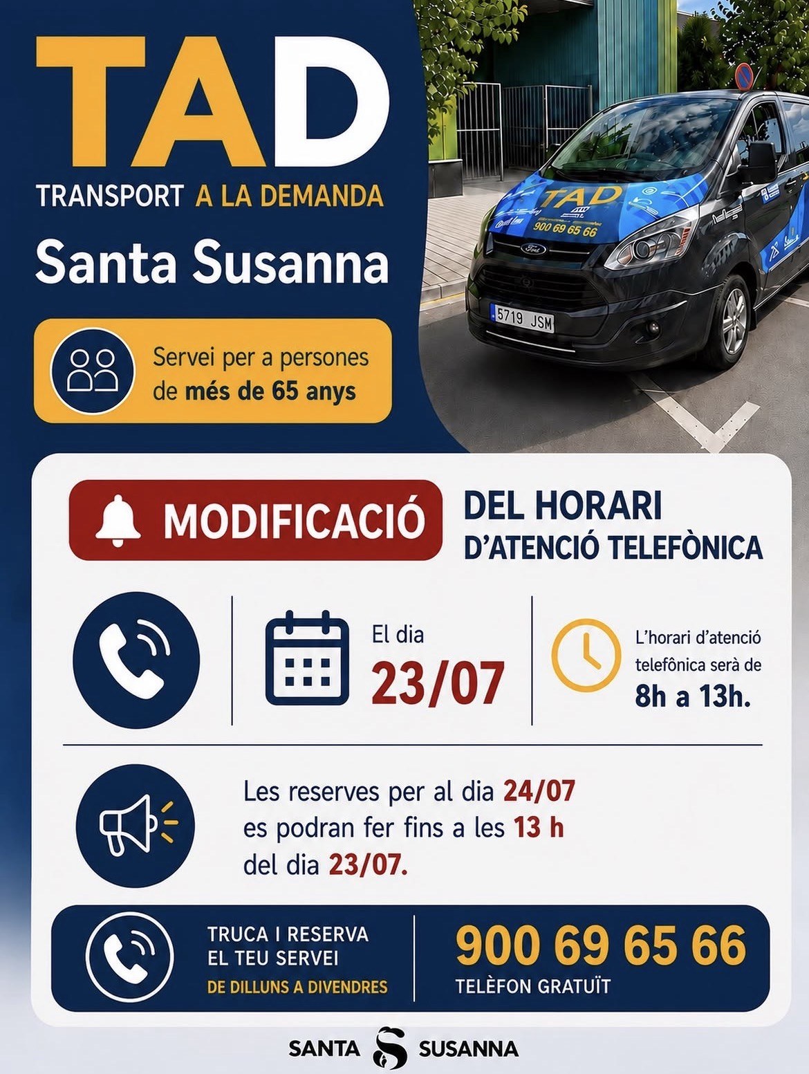 Modificació de l’horari d’atenció telefònica del TAD.