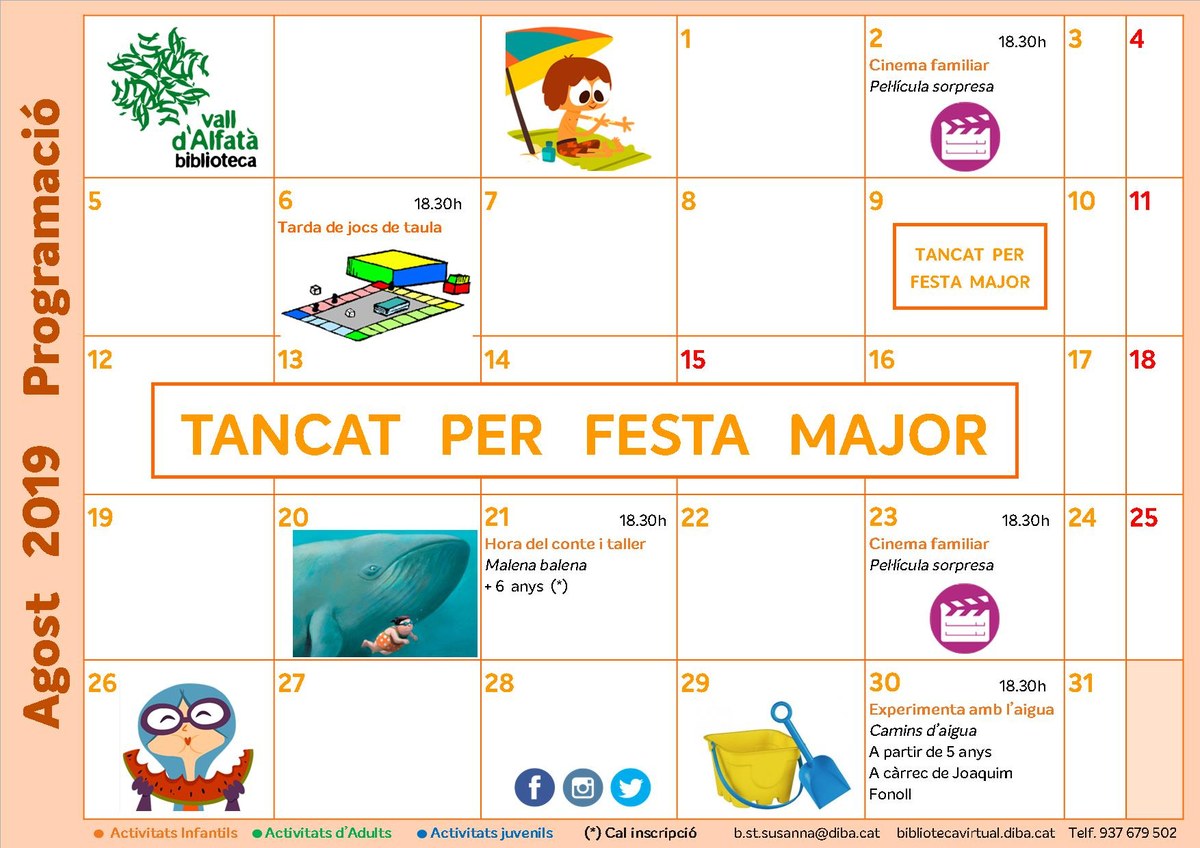 Programa d'activitats a la Biblioteca Vall d'Alfatà - agost 2019.