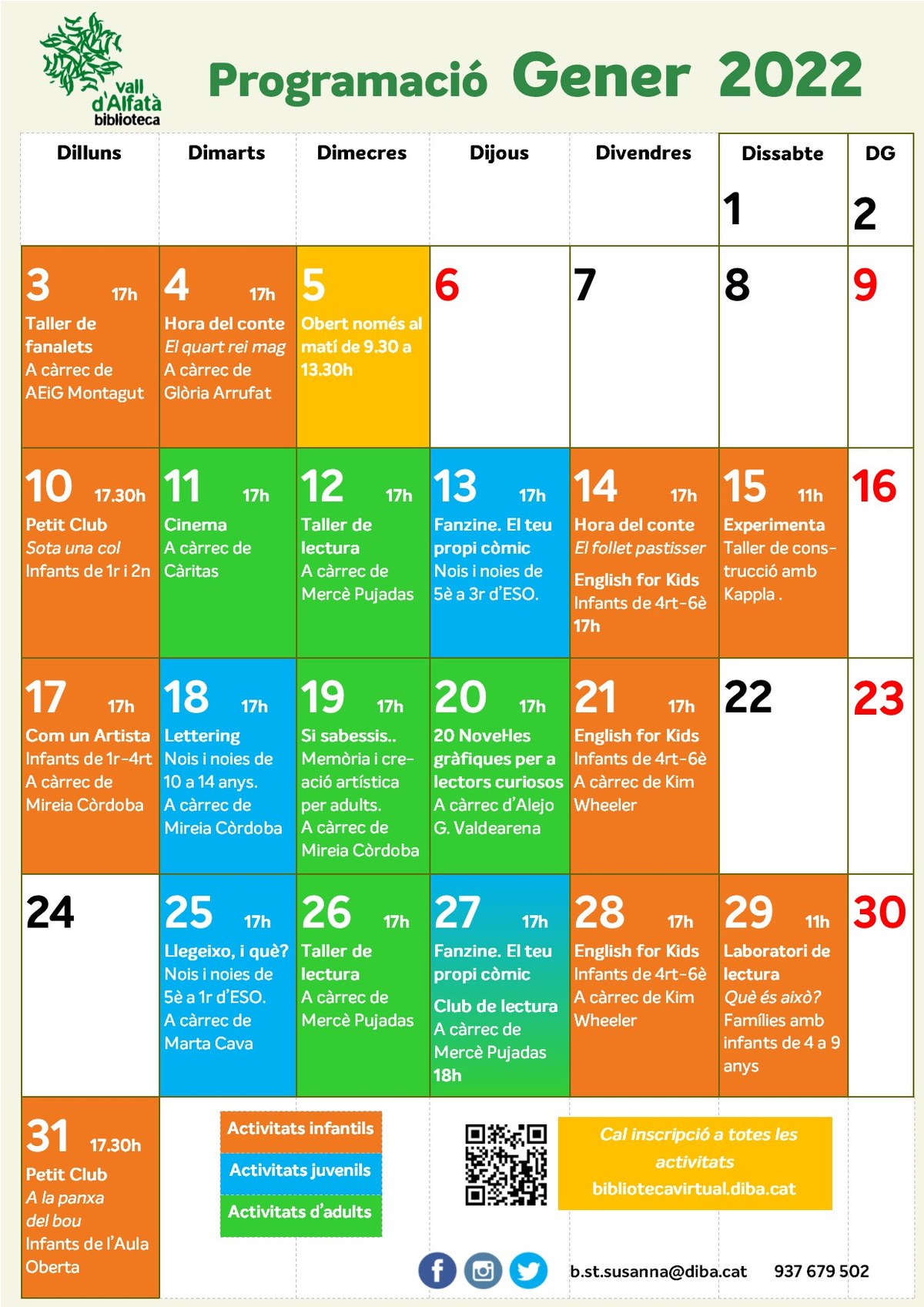 Programa d'activitats del mes de gener a la Biblioteca Vall d'Alfatà.