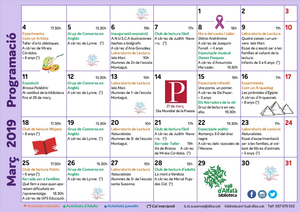 Programa d'activitats del mes de març a la Biblioteca Vall d'Alfatà.