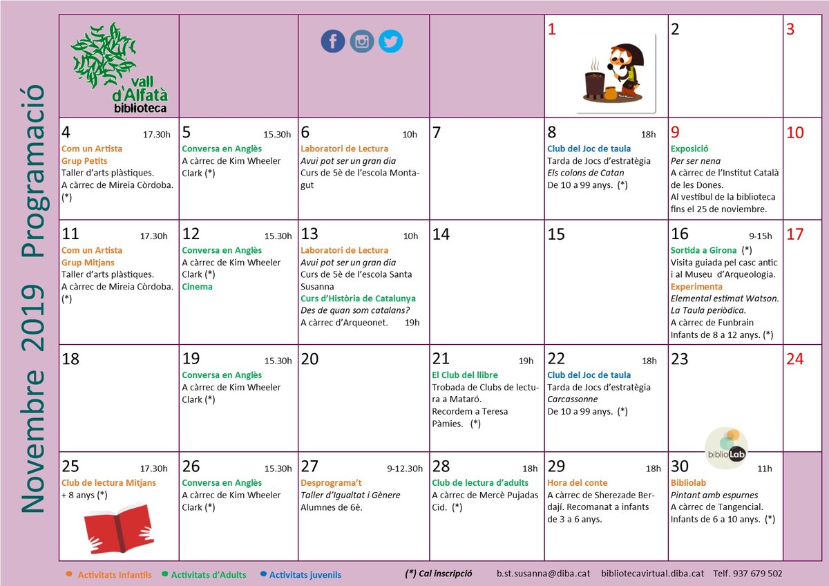Programa d'activitats del mes de novembre a la Biblioteca Vall d'Alfatà.