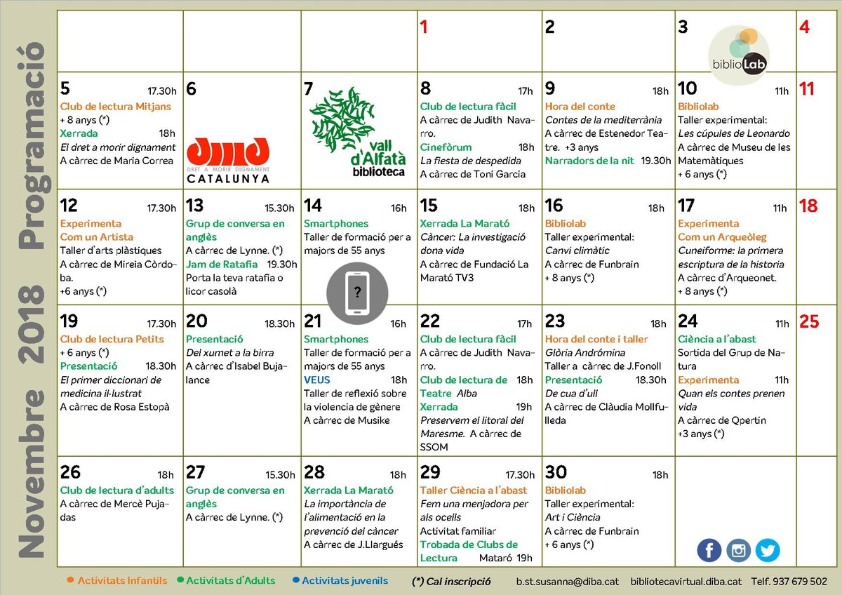 Programa d'activitats novembre Biblioteca Vall d'Alfatà.