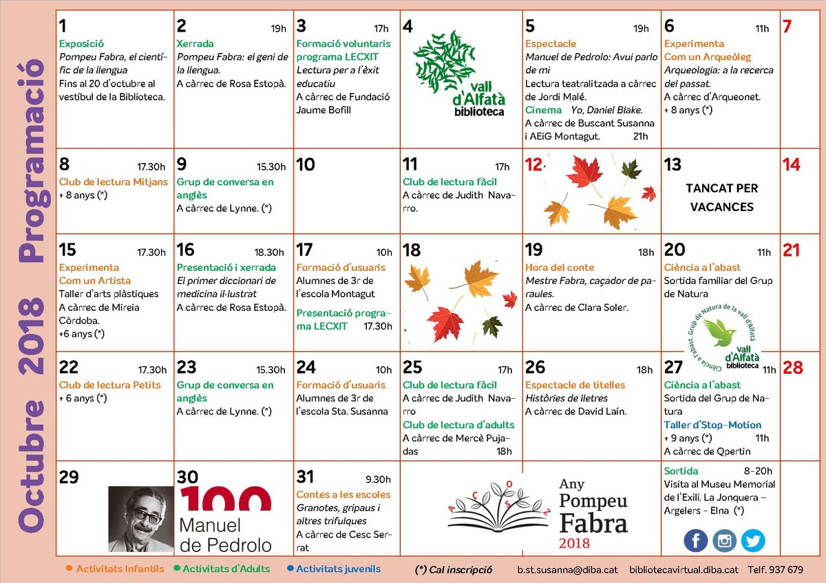 Programa d'activitats octubre Biblioteca Vall d'Alfatà.