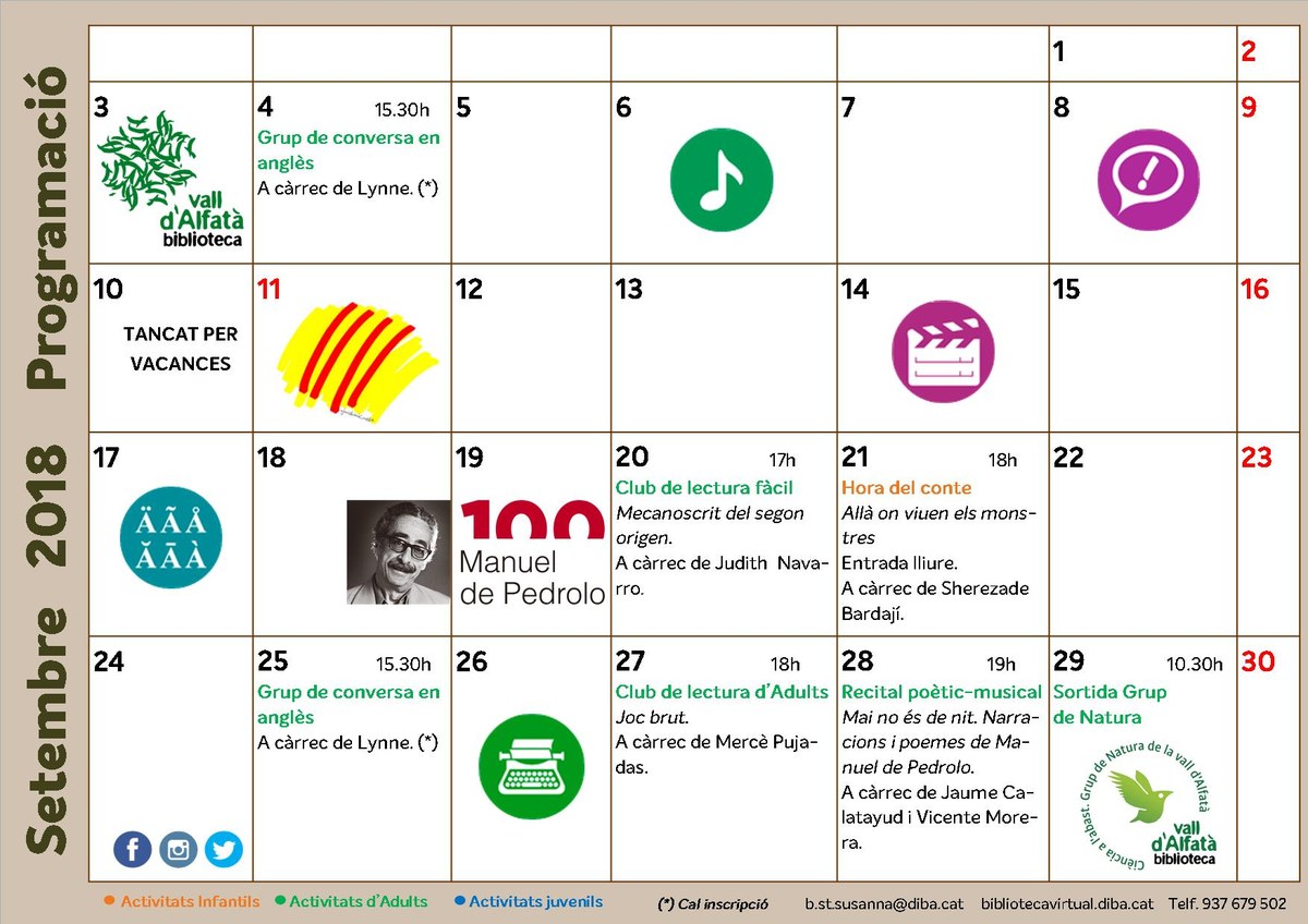 Programa d'activitats setembre Biblioteca Vall d'Alfatà .