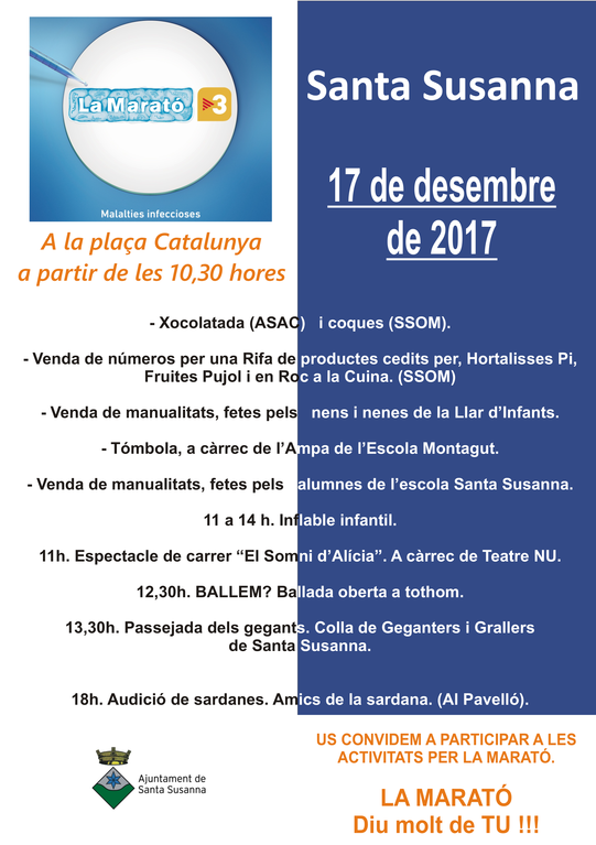 Programa de La Marató a Santa Susanna, el pròxim 17 de desembre..