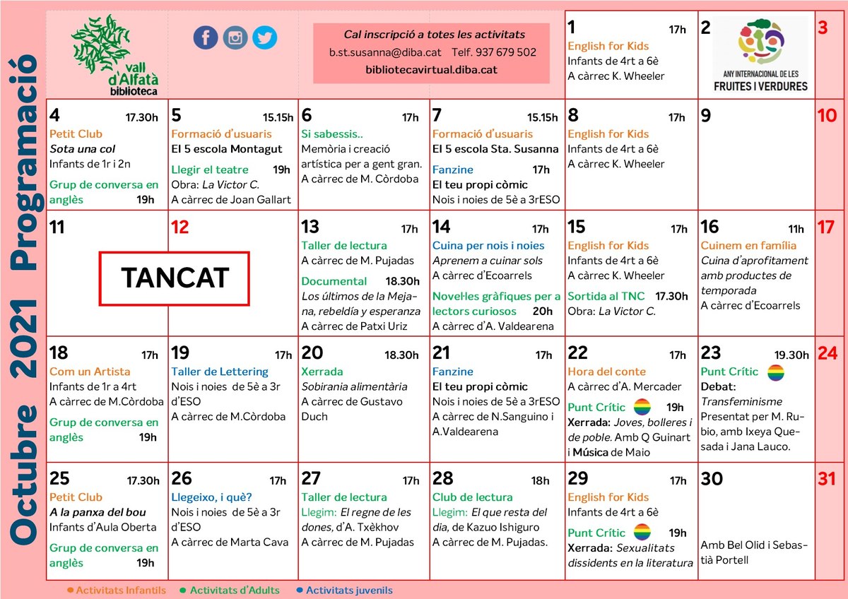 Programació octubre a la Biblioteca Vall d'Alfatà.