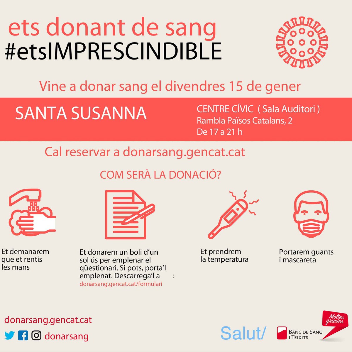 Vine a donar sang al Centre Cívic de Santa Susanna - 15 de gener.
