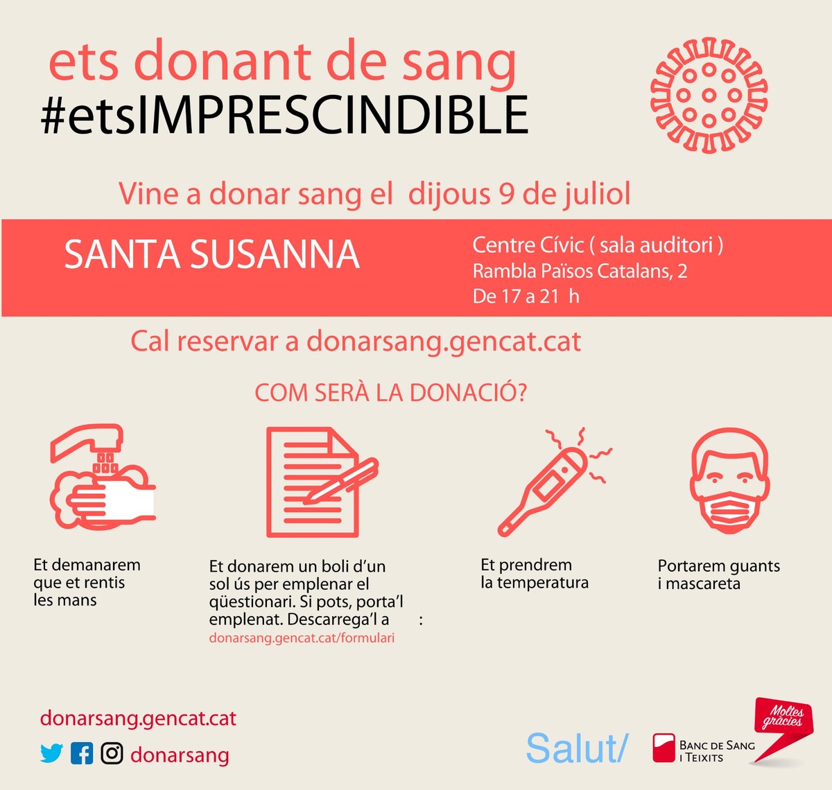Vine a donar sang al Centre Cívic de Santa Susanna.