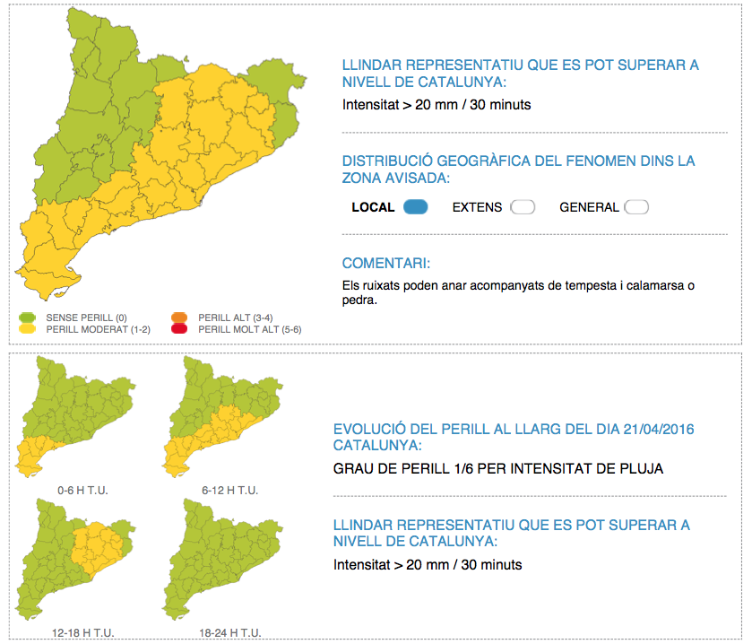  'Avís' per intensitat de pluja - Dijous 21 d'abril          .