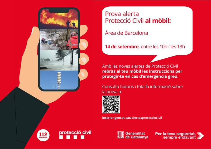 El 14 de setembre rebreu un missatge al mòbil que forma part de les proves del sistema d'alertes de Protecció Civil.