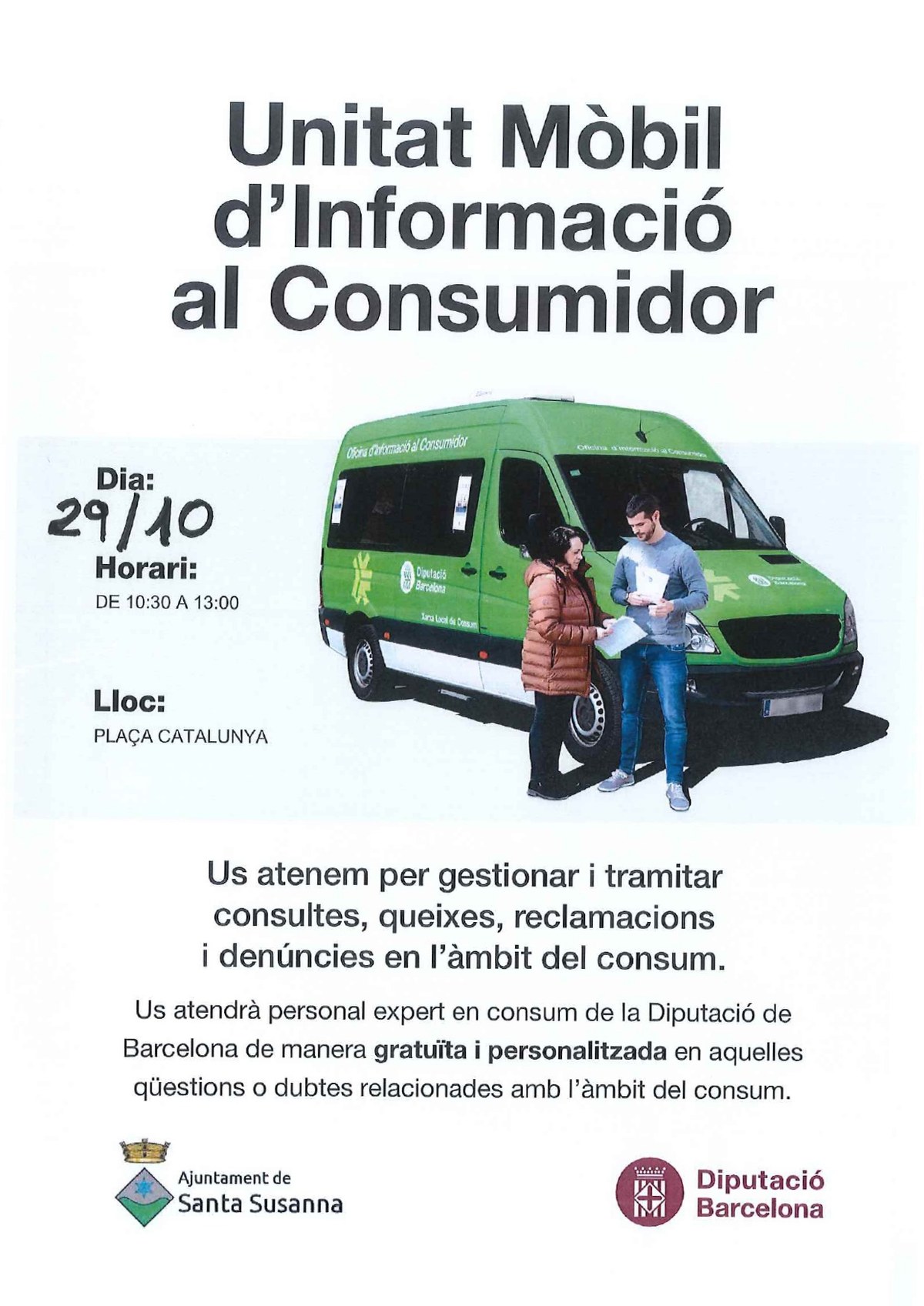 La Unitat Mòbil d'Informació al Consumidor de la Diputació de Barcelona s'atura a Santa Susanna el 29 d'Octubre.